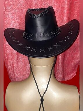 Black Cowboy Hat Faux Leather Western Hat Adjustable Chin Strap